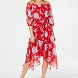 Tommy Hilfiger Red Dress Blue Floral Chiffon Off The Shoulder Flowy Boho Sz 2